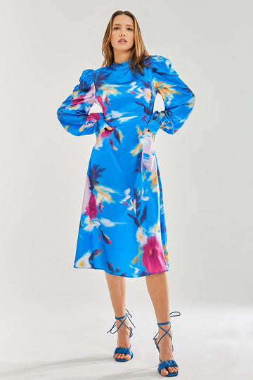 Blue Floral Satin Cut Out Back Midi Dress Liquorish